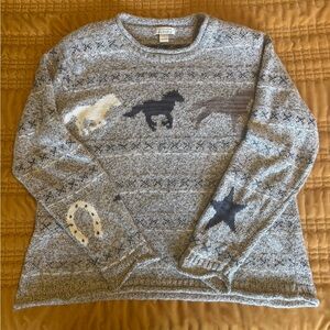 Christopher & Banks Gray Crewneck Sweater with Horse, Star & Horseshoe Motifs